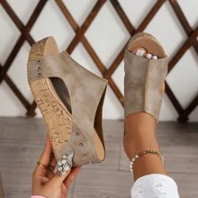 Dép Peep Toe cổ điển dành cho nữ, Giày cao gót nêm đế dày màu be/đen chống trượt ngoài trời/đi biển, giày cao gót thoải mái - Màu be - Xem 14