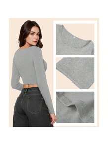 Solid Color Women's Long Sleeve Cropped Top, Low Crewneck, Sexy Slim Fit, Casual Basic Layer, Lightweight And Soft, Sweatshirt For Outdoor Wear - 淺灰色 - 查看 4