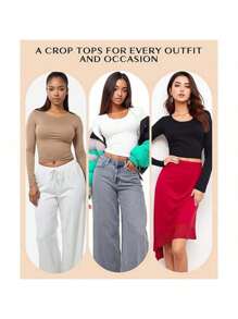 Solid Color Women's Long Sleeve Cropped Top, Low Crewneck, Sexy Slim Fit, Casual Basic Layer, Lightweight And Soft, Sweatshirt For Outdoor Wear - 淺灰色 - 查看 5