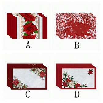 4pcs/Set, 12"X18" Holiday Seasonal Poinsettia Flower Linen Placemats For Christmas & New Year Dining Decor