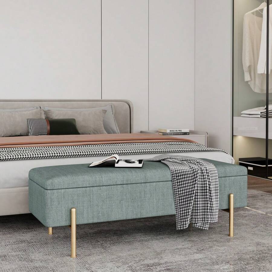 Upholstered Storage Bench Rectangular Ottoman Entryway Bench Storage Chest With Padded Seat Bed End Stool For Hallway Living Room Bedroom, Green Chenille Fabric - Green - View 1