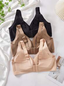 3件套加大码女士舒适多色休闲无缝运动瑜伽睡眠薄款文胸，防下垂上托无钢圈软杯纯色文胸内衣 - 彩色 - 查看 9