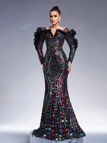 Missord Women's Off Shoulder Mesh Contrast Ruffle Hem Glitter Evening Gown Dress, Elegant Long Sleeve Formal Prom Dress, For Wedding Guest, Graduation, Dinner