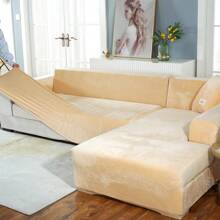 L Shape Sectional Sofa Cover 2-Piece Couch Cover Soft Velvet Elastic Stretch Sofa Slipcover For 3 Seater + 4 Seater Sofa Furniture Protector Couch Stretch L Shape Sofa Slipcover With 4Pcs Pillowcases - 米色 - 查看 11