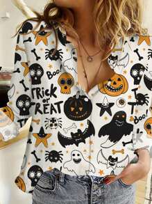 Áo cánh tay dài in hình đầu lâu bí ngô dơi và chữ Halloween giản dị rộng rãi mềm mại cho nữ - trắng - Xem 1