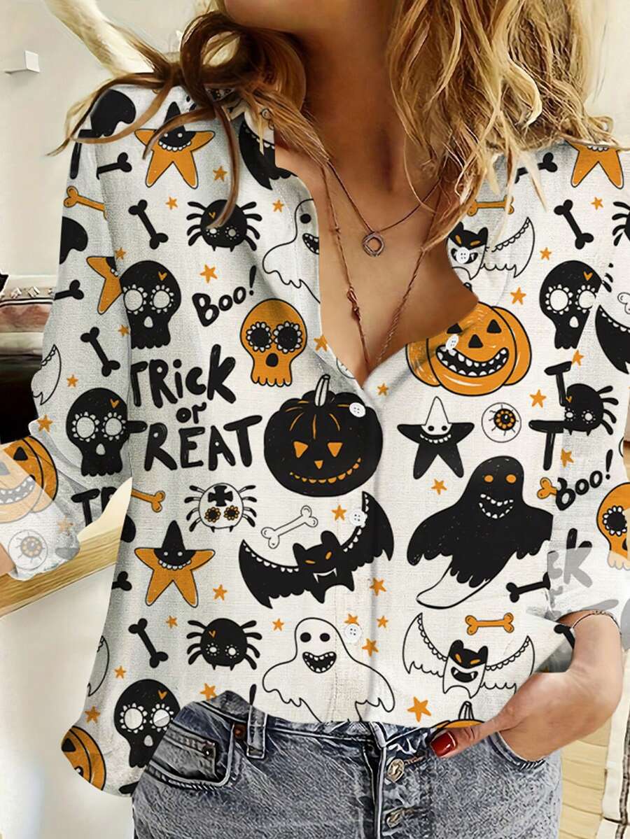 Áo cánh tay dài in hình đầu lâu bí ngô dơi và chữ Halloween giản dị rộng rãi mềm mại cho nữ - trắng - Xem 1