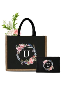 1 套黑色亚麻手提包，带 A-Z 花卉印花设计，带化妆包，简约优雅，个性化伴娘婚礼礼品包，化妆包，旅行简易收纳包，纯色化妆品钱包，大容量旅行化妆包，圣诞节最佳教师礼物 - 黑色 - 查看 23