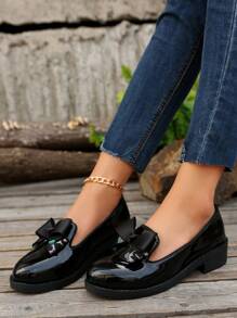 Women's Casual Loafers 2025 New Round Toe Metal Chain Slip-On Patent Leather Flat Shoes, Versatile For Commuting - Black - View 6