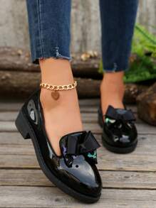 Women's Casual Loafers 2025 New Round Toe Metal Chain Slip-On Patent Leather Flat Shoes, Versatile For Commuting - Black - View 3