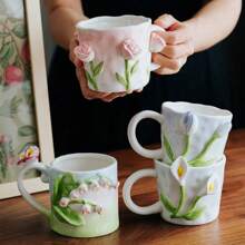 专利手绘 3D 浮雕马蹄莲、铃兰、郁金香、玫瑰陶瓷咖啡杯、不规则形状花卉牛奶杯、创意精美杯子，适合办公室、下午茶、生日、结婚礼物，适合送给女朋友、老板、妈妈 - 彩色 - 查看 10