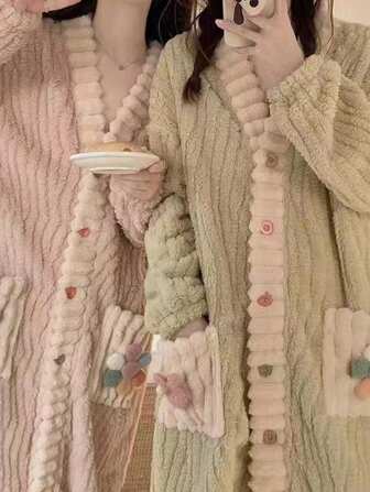 1pc Women's Coral Fleece Long Robe, Thick Warm Flannel Bathrobe, Cute Sweet Winter Home Wear Sleepwear Summer Wedding Home Bathroom Decor Back To School