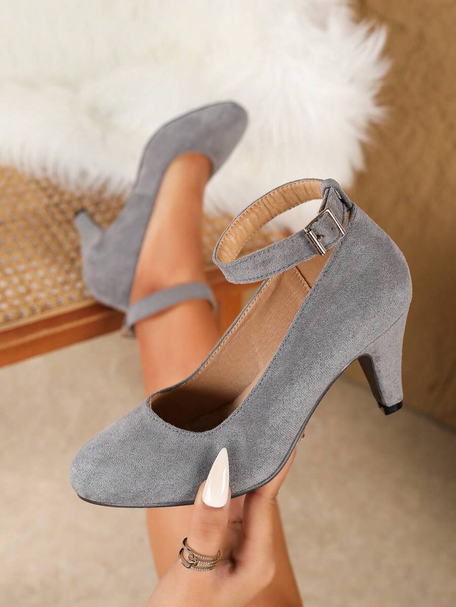 Damen elegante, bequeme Ankle-Band-Schuhe mit rundem Zehenbereich, Schnallenverschluss und Plateauabsatz, modische, vielseitige graue High Heels für den Herbst, elegant, Party - Grau - Übersicht 1