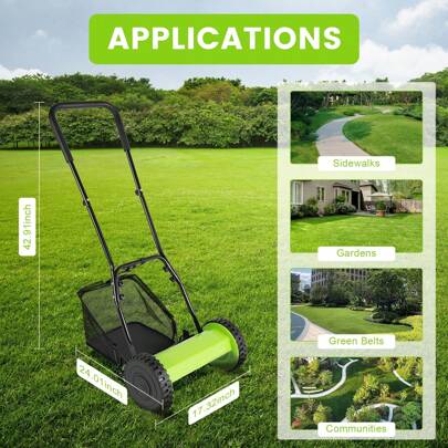 Adjustable Height Lawn Mower Manual Reel Push Walk Behind Dual Wheeled 5-Blade 12" Lawn Mower Grass Cutter Grass Cutting Machine Walk-Behind Grass Catcher Adjustable Height Lawn Mower Manual Reel Push Walk Behind Dual Wheeled 5-Blade