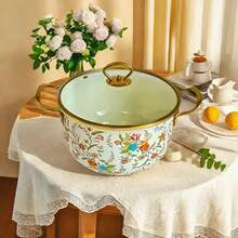 1pc 7"-10" Multi-Size Enamel Soup Pot, Floral Pattern, Gold Handle, Glass Lid, Pot For Chickpea Soup, Vegetable Soup, Salad, Steak, Bread, Christmas Turkey, Sugar And Chocolate Jar, Stovetop And Refrigerator Friendly, Easy Clean Non-Stick, Great For Family Gathering, Friends Party, Camping, Gift Seafood Boil - Multicolor - View 12