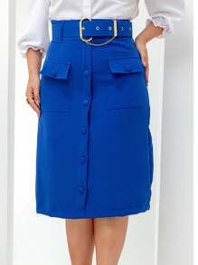 Elegant Tailored Midi Skirt With Belt And Pocket Evangelical Fashion - 寶藍色 - 查看 5