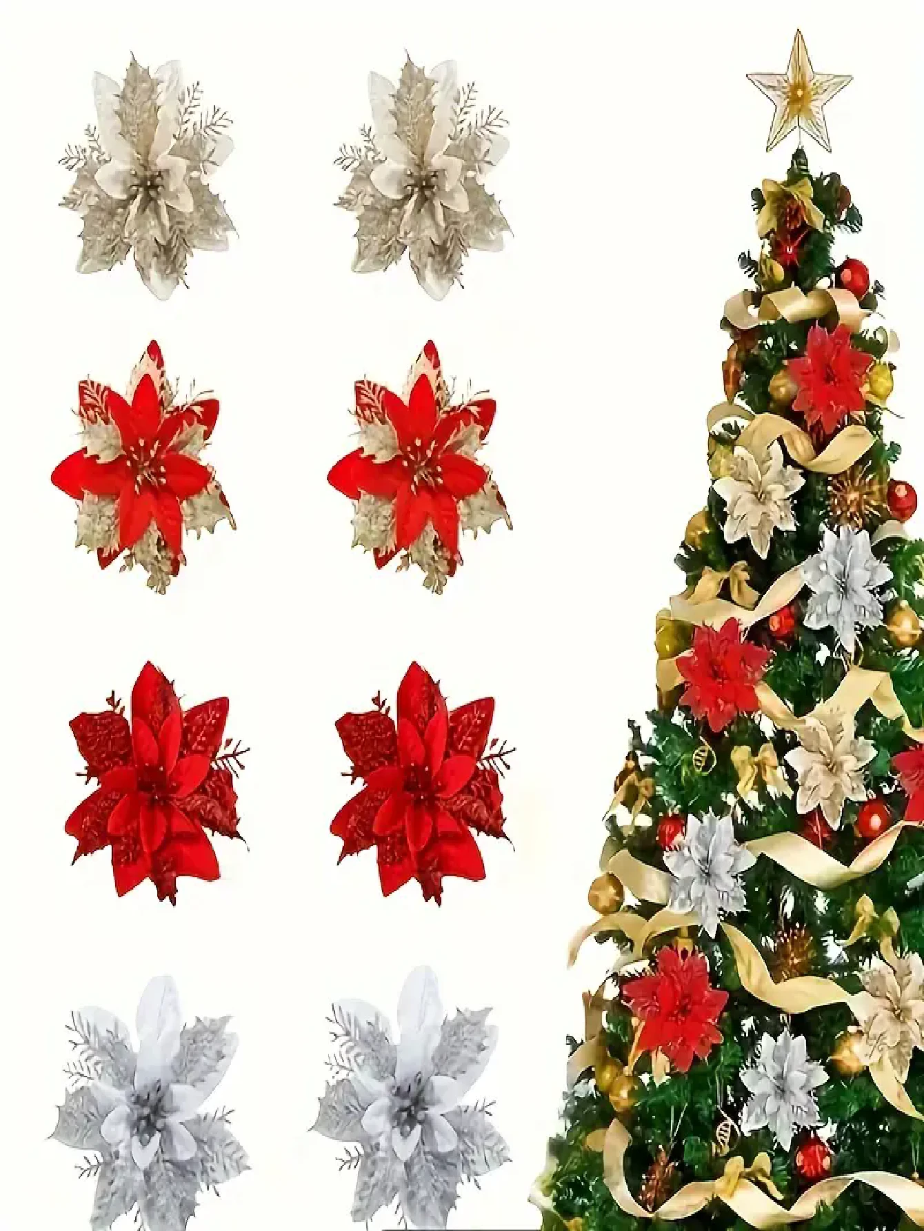 5/10PCS，人造圣诞花，圣诞装饰花，椰林花，带夹子的闪亮圣诞花，适用于圣诞树花环和花圈装饰，节日装饰用品，，万圣节，万圣节装饰 - 多色 - 查看 1