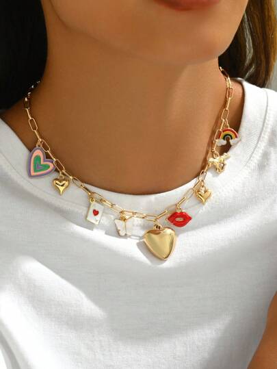 1 pieza Collar con colgante de combinación de corazón, labios, mariposa, flor de cerezo, arcoíris y caballo con diseño de moda, adecuado para uso diario de mujer y fiestas de festivales de música, regalo de joyería para el Día de la Madre