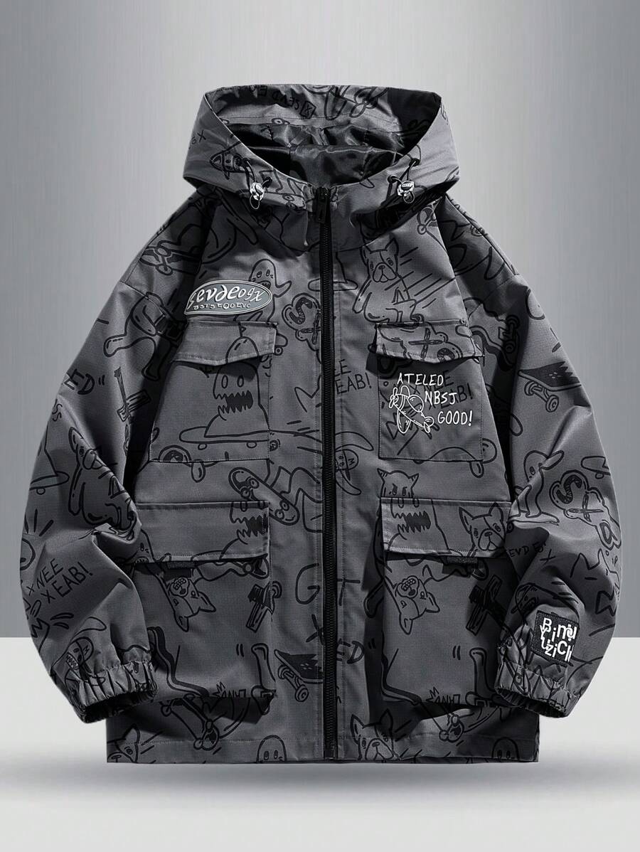 男士长袖时尚休闲连帽外套，秋季款 - 黑色 - 查看 1