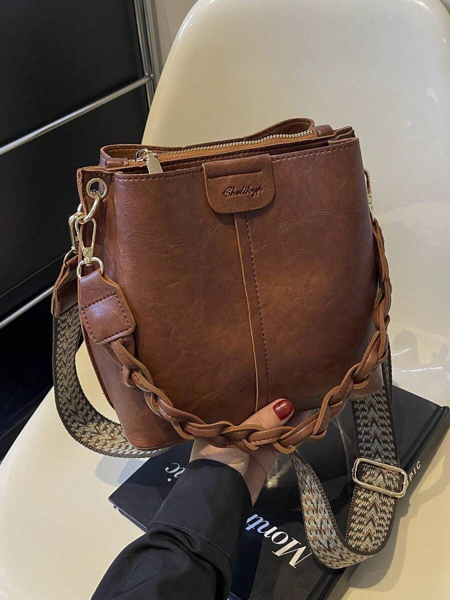 Mini Textured Solid Color PU Bucket Bag, Retro Versatile Women Shoulder Bag, Summer Fashion
