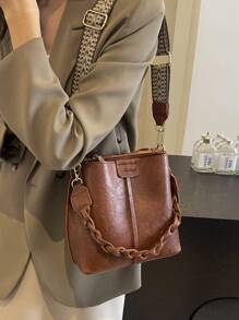 Mini Textured Solid Color PU Bucket Bag, Retro Versatile Women Shoulder Bag, Summer Fashion - Brown - View 5