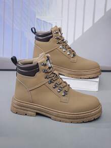Men's High-Top Faux Suede Lace-Up Boots, Black, Casual Mid-Cut Leather Shoes, Fashion - Brown - View 2