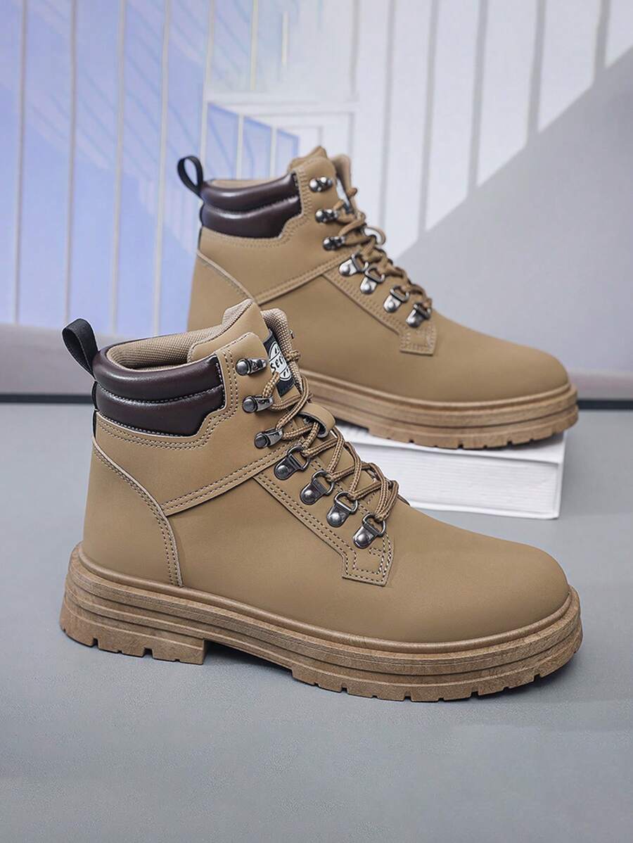 Men's High-Top Faux Suede Lace-Up Boots, Black, Casual Mid-Cut Leather Shoes, Fashion