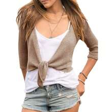 Women's Tie Front Shrug 3/4 Sleeve Bolero Sheer Knotted Lightweight Cardigan Sweaters Short Shawl Tops - 卡其色 - 查看 3