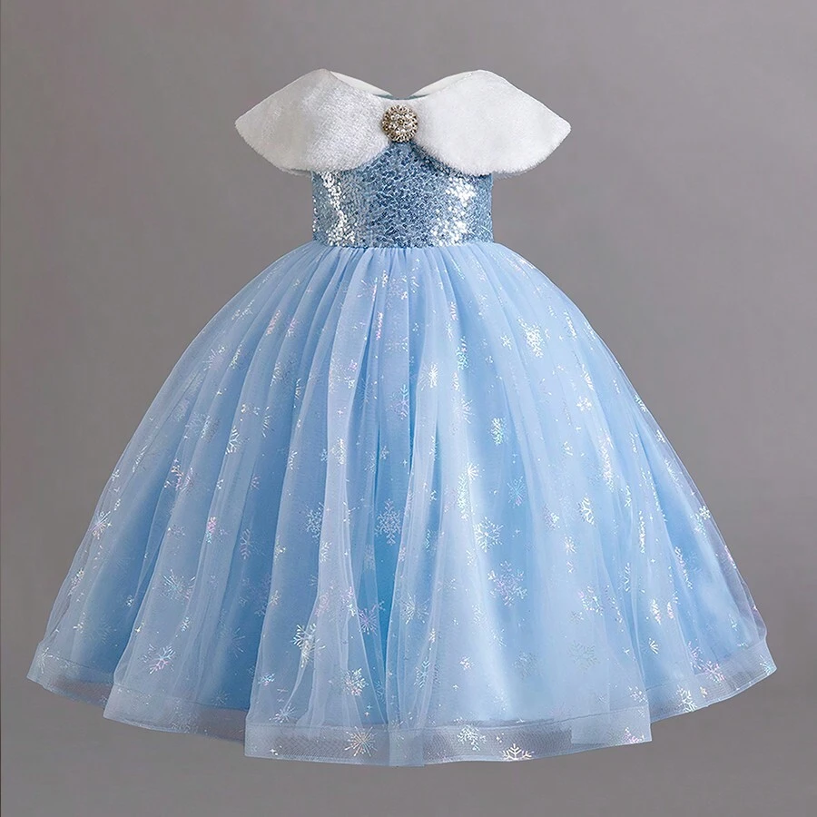 Young Girl Lovely Ice Princess Dress With Fluffy Collar, Bow Accent, And Blue