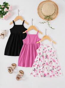 3pcs/Set Baby Girls Floral Print Solid Color Ribbed Button Strap Dress - Hot Pink - View 4