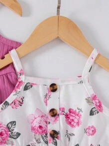3pcs/Set Baby Girls Floral Print Solid Color Ribbed Button Strap Dress - Hot Pink - View 5