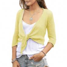 Women's Tie Front Shrug 3/4 Sleeve Bolero Sheer Knotted Lightweight Cardigan Sweaters Short Shawl Tops - vàng nhạt - Xem 1