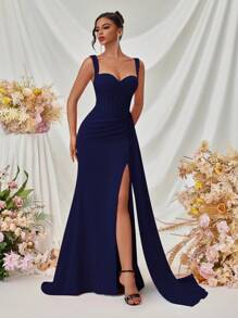 Elisanya Đầm dự tiệc cocktail trang trọng dây đeo dày cho nữ, cổ tim, thắt eo, xẻ tà phía trước, hở lưng (thiết kế tinh xảo), đầm dạ hội thanh lịch, dành cho khách dự tiệc cưới, tốt nghiệp, tiệc tối cho khách dự tiệc cưới mùa hè - Màu xanh hải quân - Xem 6