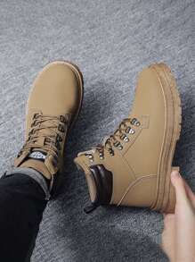 Men's High-Top Faux Suede Lace-Up Boots, Black, Casual Mid-Cut Leather Shoes, Fashion - Brown - View 8