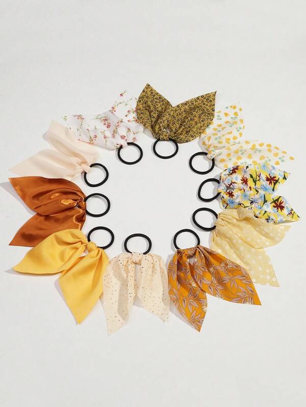 10pcs Women's Hair Accessories Bohemian Style Simple Yellow & Brown Maple Leaf Print Hair Ties, Suitable For Daily, Spring/Summer, Vacation Outfits