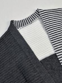 Nemidor Cardigan de malha listrado de contraste de cor casual plus size, outono/inverno - Preto e Branco - Ver 6