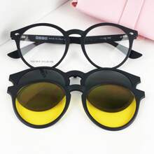 Men's Round Flexible Glasses Frame For Prescription + 2 Clip-On Polarized/Night Drive Various Colors FAST Shipping CM246 - C2 黑色 - 查看 1