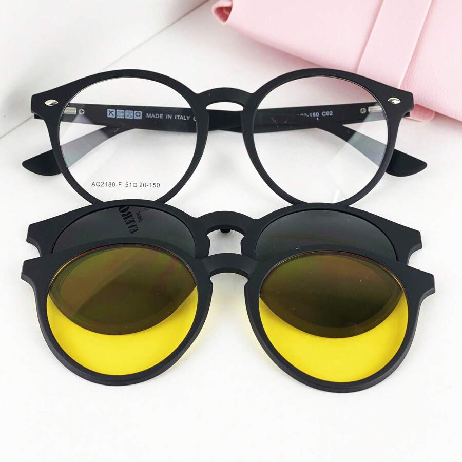 Men's Round Flexible Glasses Frame For Prescription + 2 Clip-On Polarized/Night Drive Various Colors FAST Shipping CM246 - C2 黑色 - 查看 1