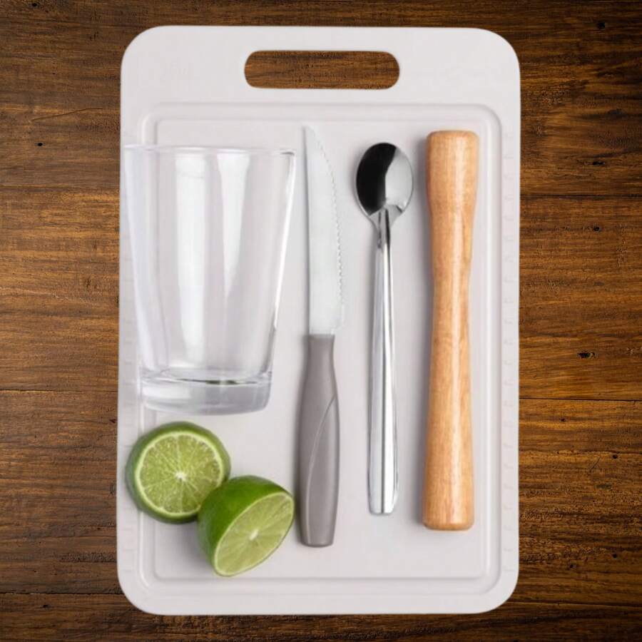 Caipirinha Kit 5 Pieces 350ml Cup + Stainless Steel Knife/Spoon + Wooden Muddler + Brinox Board 2348/499 - trắng - Xem 1