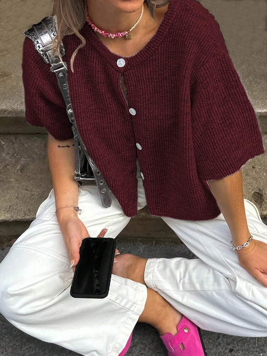 女士休闲纯色短袖针织罗纹开衫 - 酒紅色 - 查看 1