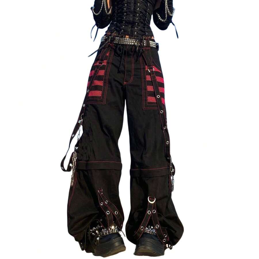 Women Baggy Cargo Pants Y2k Hip Hop High Waist Stripe Pants Gothic Grunge Streetwear - màu đen - Xem 1