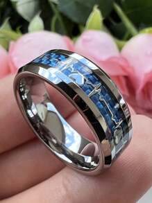 8mm Stylish Stainless Steel Ring With Heartbeat Design & Blue Fiber Shape Band, Unisex Engagement Rings For Wedding & Party, Valentine's Day Gift Valentines,Mom,Mother,Mother's Day,Gift - Heartbeat Ring - View 14