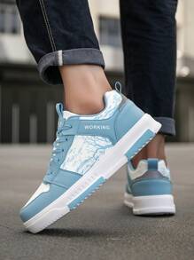 Zapatos casuales de patinaje con diseño de bloqueo de color azul cielo con estampado de bosque, de estilo universitario retro y versátil, con cordones, diseño exclusivo y cómodos para hombres - luna blanca - Ver 8