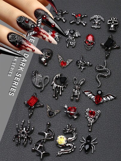 Mix 20/50/100pcs Nail Charms Nails Supplies Halloween Spider, Skeleton, Cross, Rabbit, Snake, Heart, Bat, Gothic, Retro, Punk, Metal Nail Charms, Cyberpunk, Retro, Western Style Metal Nail Supplies Music Festival, Tourism, Festival Celebration, Shiny Red, Black Rhinestones Nail Gems, Suitable For Multi-Functional DIY Accessories Nail Decoration