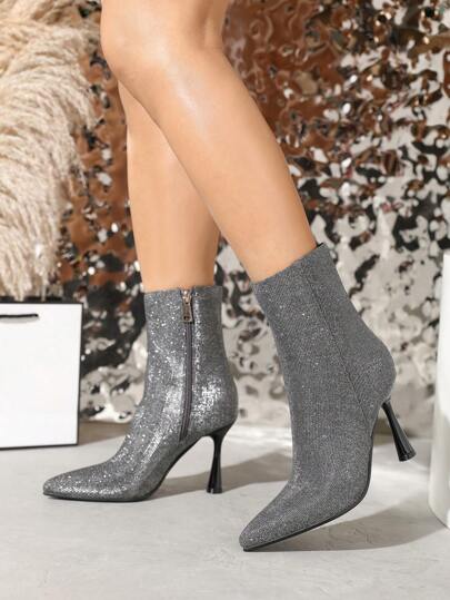 COCO MELA New Women Shiny Silver Pointed Toe Short Boots, Fashion Thin Heel High Heel Zipper Boot, Autumn/Winter