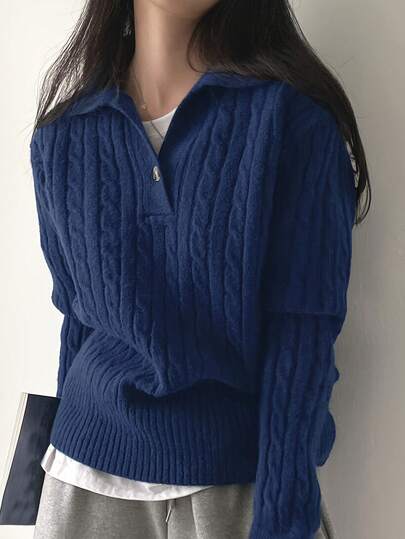 女士纯色优雅高领长袖麻花针织宽松休闲毛衣上衣，秋冬款
