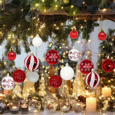 44 pezzi Set di decorazioni natalizie, include palline per appendere di varie dimensioni in rosso e bianco, adatto per albero di Natale, feste e decorazione per la casa, Natale