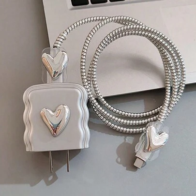 4 件套心形绕线器、数据线保护器和充电器头盖，带 1.5 米 TPU 数据线，兼容 12/13/14 系列，20w 快速充电充电器保护器