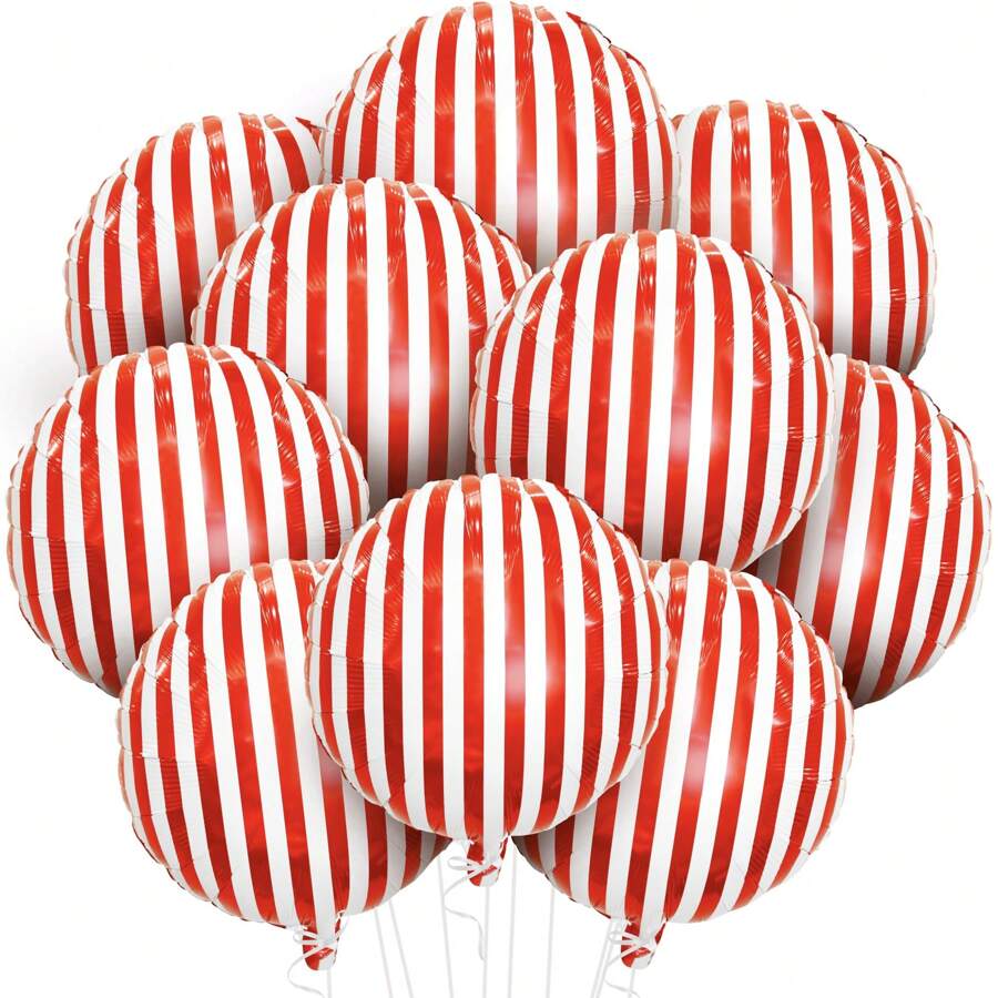 10 buc, baloane cu dungi roșii și albe, 18 inch, baloane de carnaval pentru decorațiuni de carnaval, baloane de circ cu dungi 4D, decorațiuni de petrecere cu tematică de carnaval, baloane roșii și albe, Crăciun