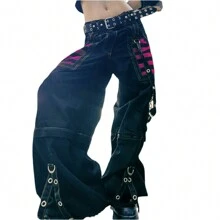 Women Baggy Cargo Pants Y2k Hip Hop High Waist Stripe Pants Gothic Grunge Streetwear - màu đen - Xem 4