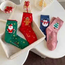 1 Pair New Christmas Socks, Snowman & Santa Claus Creative Cartoon Mid-Calf Socks, Autumn/Winter European & American New Year Christmas Socks - Multicolor - View 4